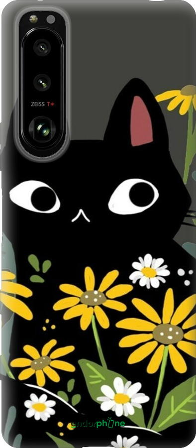 Силиконовый чехол Черный кот с цветами для Sony Xperia 5 III - 6448u-2580 изображение 