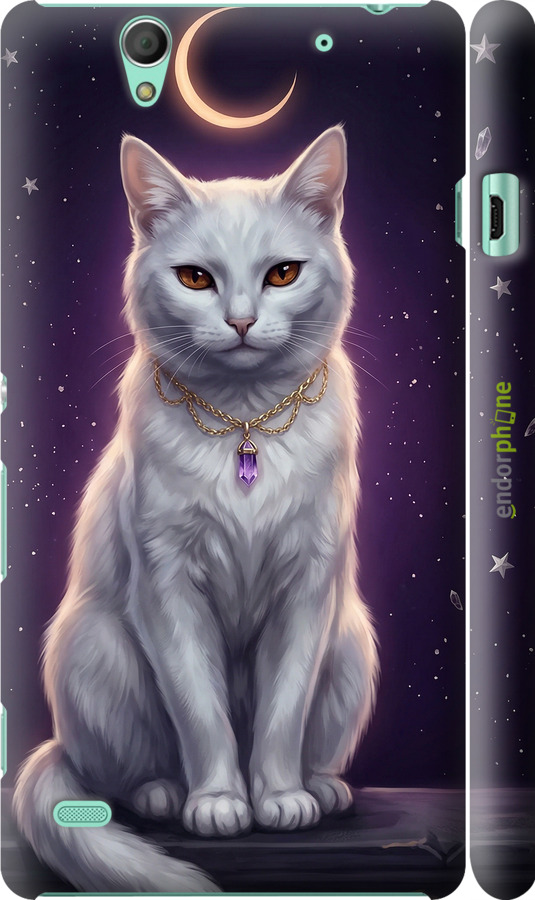 3D пластиковый глянцевый чехол Mystic White Cat Gothic Dark Purple Gold для Sony Xperia C4 E5333 - 6805c-295 изображение 