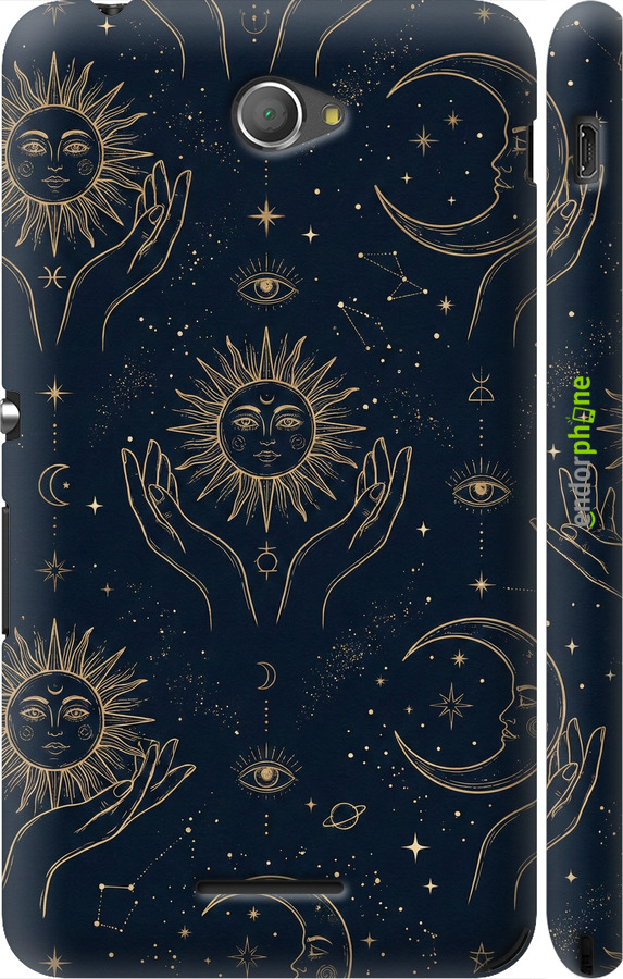 3D пластиковий глянцевий чехол Celestial Harmony: Sun & Moon Gold Mystic Pattern для Sony Xperia E4 Dual E2115 - 6778c-87 изображение 
