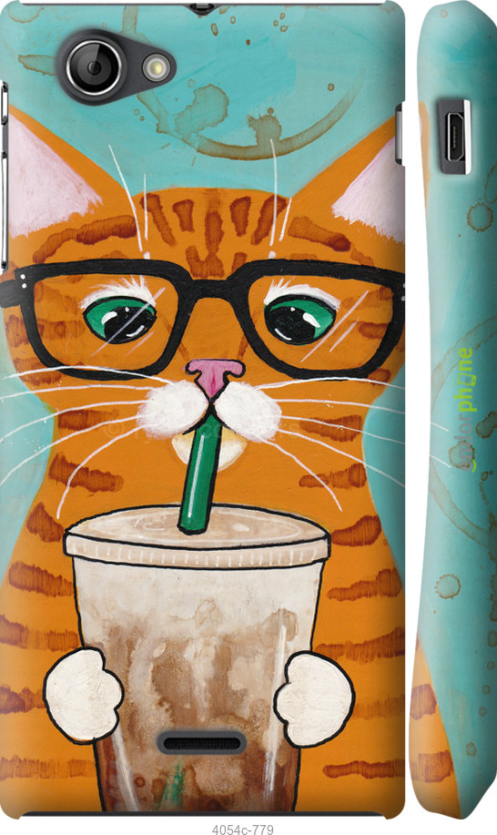 3D пластиковый глянцевый чехол Зеленоглазый кот в очках для Sony Xperia J ST26i - 4054c-779 изображение 