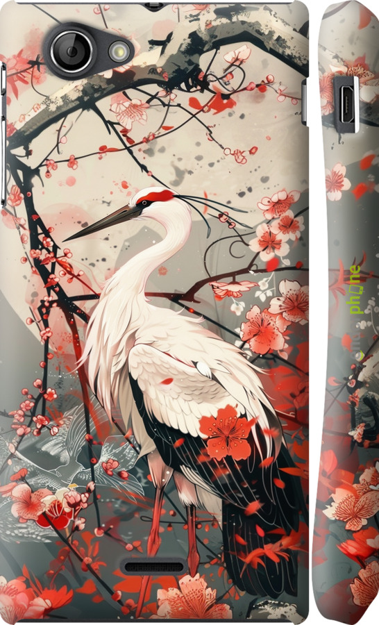 3D пластиковый глянцевый чехол Аист в цвету сакуры для Sony Xperia J ST26i - 6109c-779 изображение 