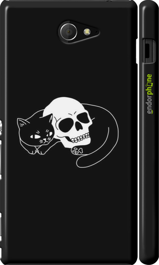 3D пластиковый глянцевый чехол С изображением кота и черепа для Sony Xperia M2 dual D2302 - 6491c-61 изображение 