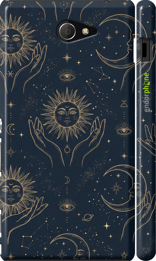 3D пластиковый глянцевый чехол Celestial Harmony: Sun & Moon Gold Mystic Pattern для Sony Xperia M2 dual D2302 - 6778c-61 изображение 