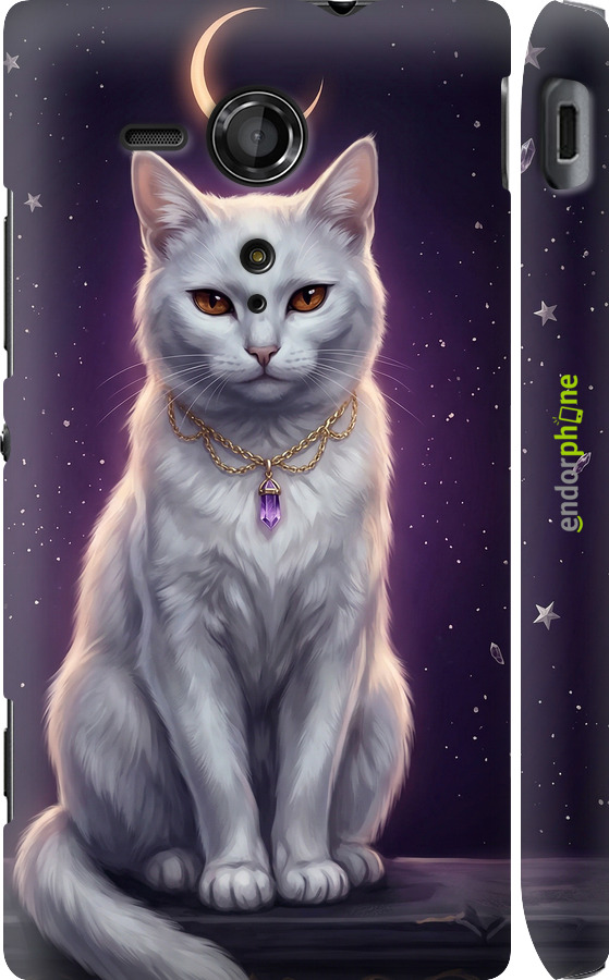 3D пластиковый глянцевый чехол Mystic White Cat Gothic Dark Purple Gold для Sony Xperia SP M35H - 6805c-280 изображение 