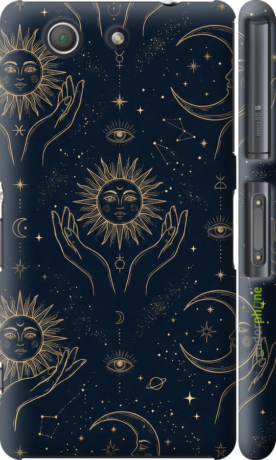 3D пластиковый глянцевый чехол Celestial Harmony: Sun & Moon Gold Mystic Pattern для Sony Xperia Z3 Compact D5803 - 6778c-277 изображение 