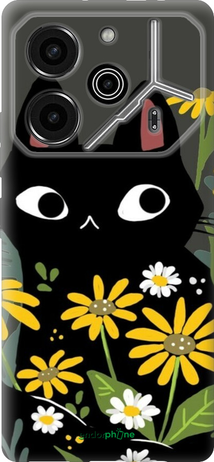 Силиконовый чехол Черный кот с цветами для Tecno Pova 6 Pro - 6448u-3689 изображение 