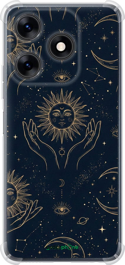 Силикон с усиленными углами чехол Celestial Harmony: Sun & Moon Gold Mystic Pattern для Tecno Spark 10C - 6778sp-3116 изображение 