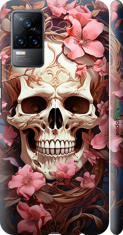 3D пластиковый матовый чехол Череп в розовых цветах для Vivo V21E - 5965m-2375 изображение 