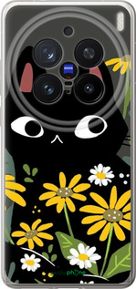 Силіконовий чехол Чорний кіт з квітами для Vivo X200 PRO - 6448u-3883 изображение 