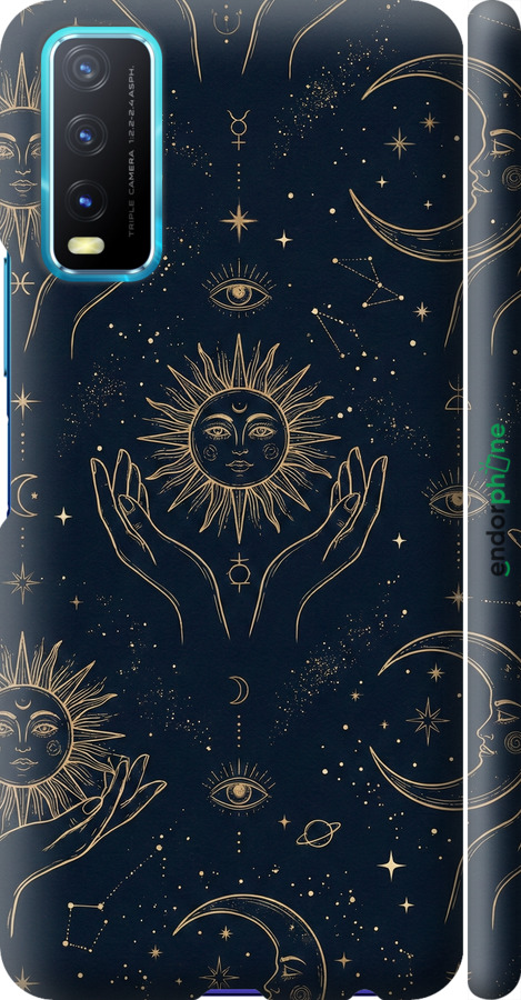 3D пластиковый матовый чехол Celestial Harmony: Sun & Moon Gold Mystic Pattern для Vivo Y20 - 6778m-2078 изображение 