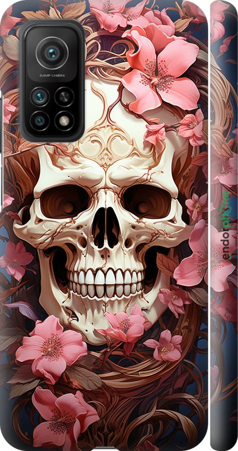 3D пластиковый матовый чехол Череп в розовых цветах для Xiaomi Mi 10T - 5965m-2096 изображение 