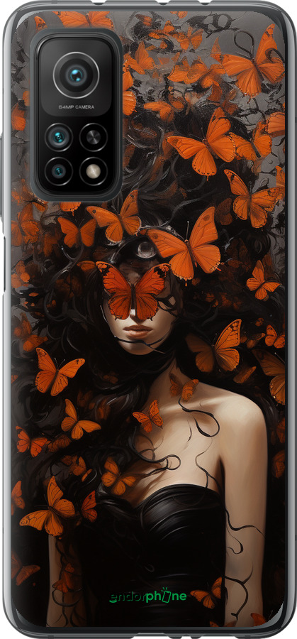 Силиконовый чехол Девушка с оранжевыми бабочками для Xiaomi Mi 10T - 5941u-2096 изображение 