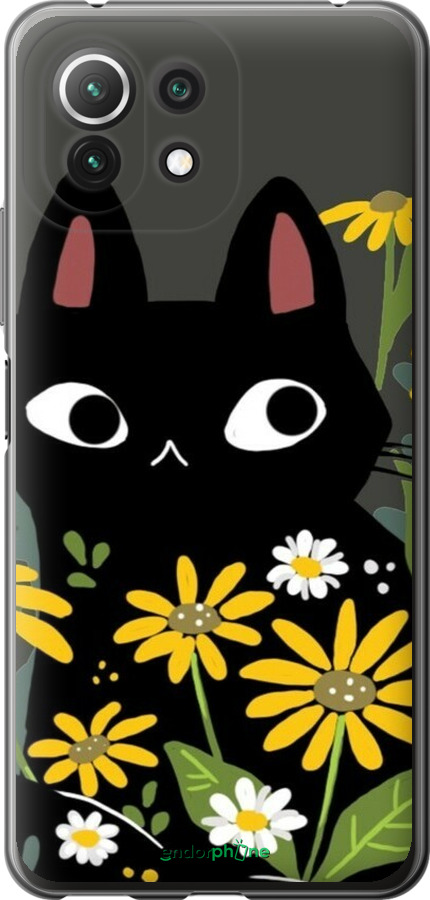 2D пластиковый чехол Черный кот с цветами для Xiaomi Mi 11 Lite - 6448t-2281 изображение 