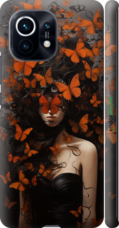 3D пластиковий матовий чехол Дівчина з помаранчевими метеликами для Xiaomi Mi 11 - 5941m-2253 изображение 