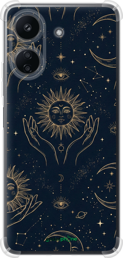 Силикон с усиленными углами чехол Celestial Harmony: Sun & Moon Gold Mystic Pattern для Xiaomi Poco C65 - 6778sp-3447 изображение 