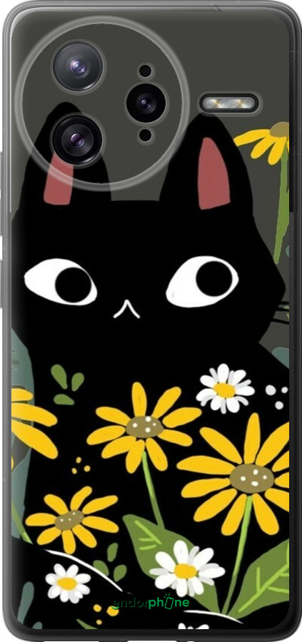 Силиконовый чехол Черный кот с цветами для Xiaomi Poco F7 Ultra - 6448u-4086 изображение 