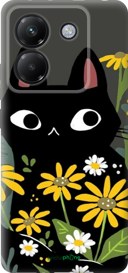 Силиконовый чехол Черный кот с цветами для Xiaomi Poco M7 Pro 5G - 6448u-3942 изображение 