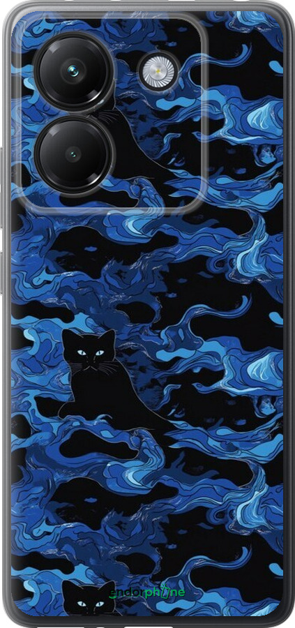 Силиконовый чехол Абстрактный узор черных котов на синем фоне для Xiaomi Poco M7 Pro 5G - 6525u-3942 изображение 