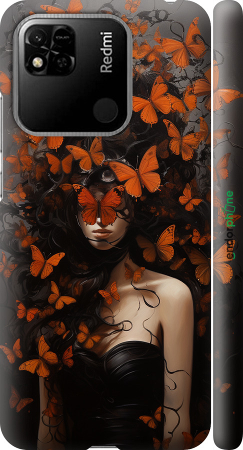 3D пластиковый матовый чехол Девушка с оранжевыми бабочками для Xiaomi Redmi 10A - 5941m-2578 изображение 