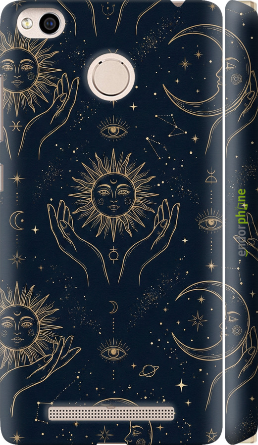3D пластиковый матовый чехол Celestial Harmony: Sun & Moon Gold Mystic Pattern для Xiaomi Redmi 3x - 6778m-441 изображение 