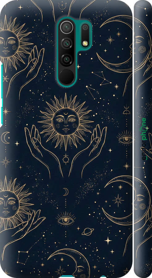 3D пластиковий матовий чехол Celestial Harmony: Sun & Moon Gold Mystic Pattern для Xiaomi Redmi 9 - 6778m-2019 изображение 