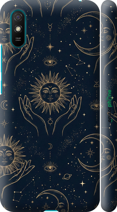 3D пластиковый матовый чехол Celestial Harmony: Sun & Moon Gold Mystic Pattern для Xiaomi Redmi 9A - 6778m-2034 изображение 