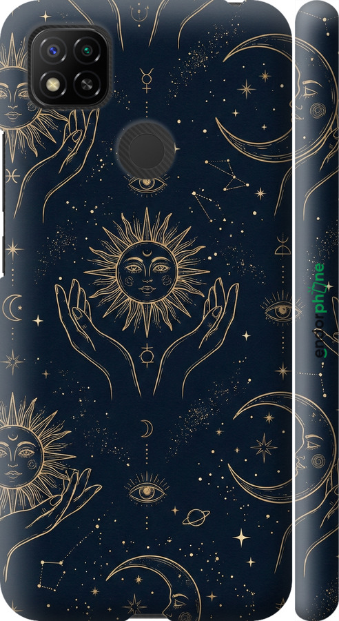 3D пластиковий матовий чехол Celestial Harmony: Sun & Moon Gold Mystic Pattern для Xiaomi Redmi 9C - 6778m-2035 изображение 