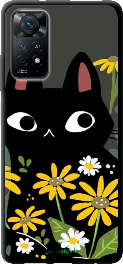 TPU чехол Черный кот с цветами для Xiaomi Redmi Note 11 - 6448b-2516 изображение 