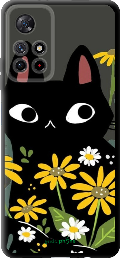 TPU чехол Чорний кіт з квітами для Xiaomi Redmi Note 11 5G - 6448b-3849 изображение 