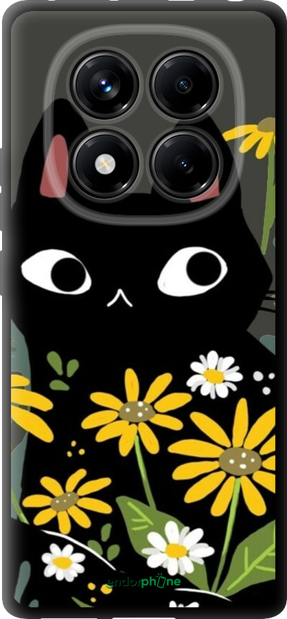 TPU чехол Черный кот с цветами для Xiaomi Redmi Note 14 Pro 4G - 6448b-3808 изображение 