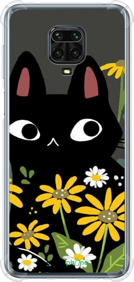 Силикон с усиленными углами чехол Черный кот с цветами для Xiaomi Redmi Note 9S - 6448sp-2029 изображение 