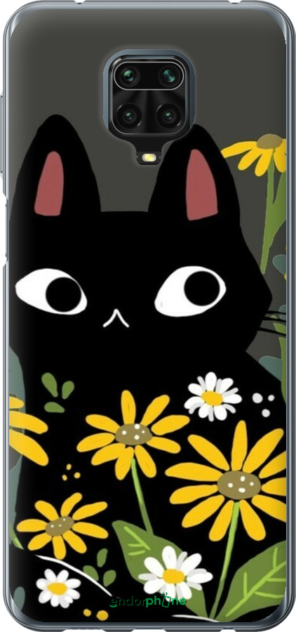 Силіконовий чехол Чорний кіт з квітами для Xiaomi Redmi Note 9S - 6448u-2029 изображение 