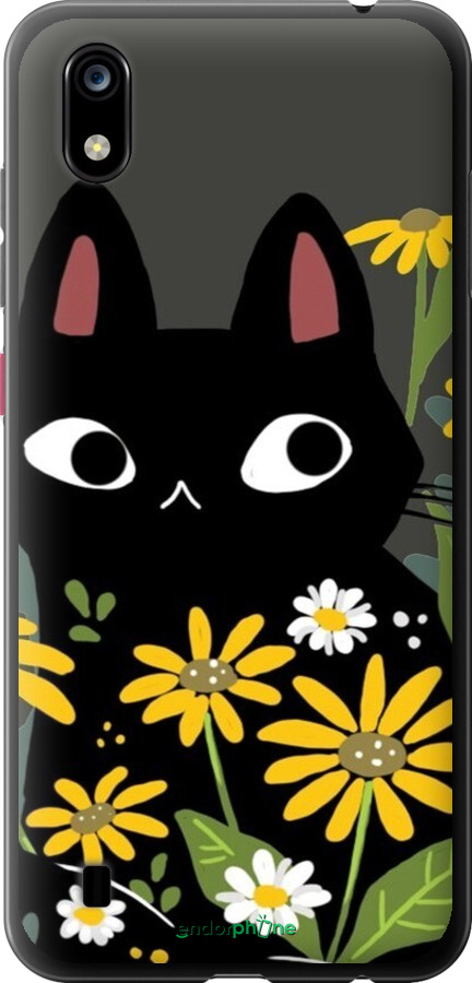 Силиконовый чехол Черный кот с цветами для ZTE Blade A7 2019 - 6448u-2110 изображение 