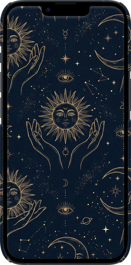 3D пластиковый матовый чехол Celestial Harmony: Sun & Moon Gold Mystic Pattern для Apple iPhone 14 - 6778m-2648 изображение 