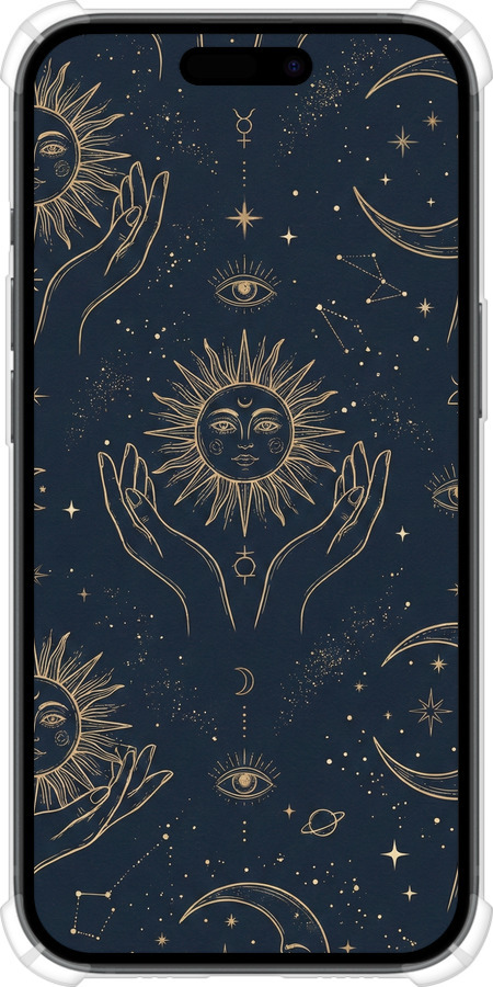 Силикон с усиленными углами чехол Celestial Harmony: Sun & Moon Gold Mystic Pattern для Apple iPhone 15 - 6778sp-3075 изображение 
