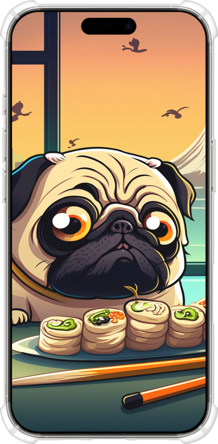 Силіконовий протиударний с посиленими кутами чехол Мопс і суші для Apple iPhone 16 Pro - 5588sp-3708 изображение 