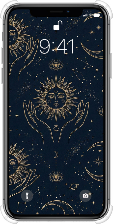 Силикон с усиленными углами чехол Celestial Harmony: Sun & Moon Gold Mystic Pattern для Apple iPhone X - 6778sp-1050 изображение 