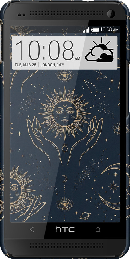 3D пластиковый глянцевый чехол Celestial Harmony: Sun & Moon Gold Mystic Pattern для HTC One M7 - 6778c-36 изображение 