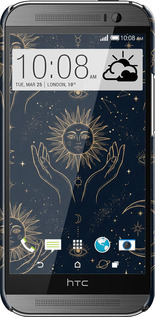 3D пластиковый глянцевый чехол Celestial Harmony: Sun & Moon Gold Mystic Pattern для HTC One M8 dual sim - 6778c-55 изображение 