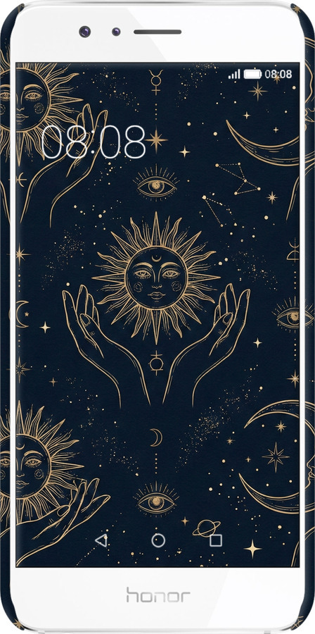 3D пластиковый матовый чехол Celestial Harmony: Sun & Moon Gold Mystic Pattern для Huawei Honor 8 - 6778m-351 изображение 