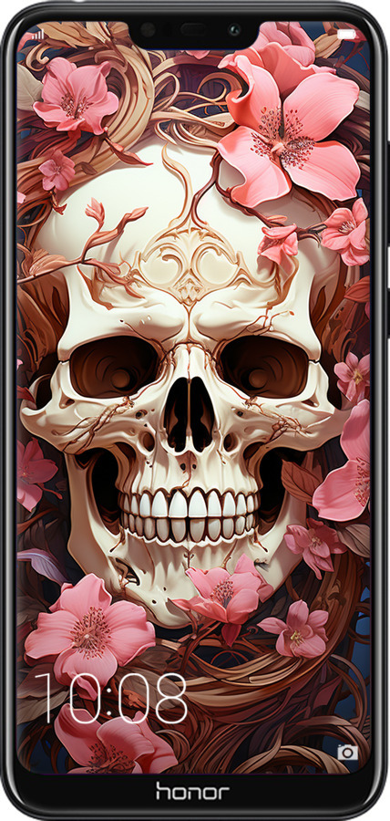 Силіконовий чехол Череп у рожевих квітах для Huawei Honor 8C - 5965u-1590 изображение 