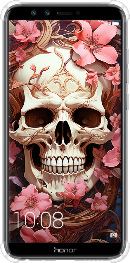 Силикон с усиленными углами чехол Череп в розовых цветах для Huawei Honor 9 Lite - 5965sp-1359 изображение 