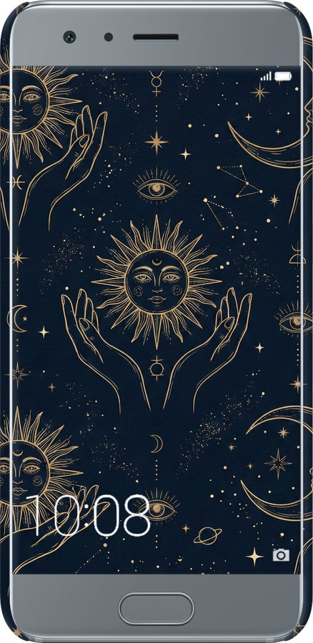 3D пластиковый матовый чехол Celestial Harmony: Sun & Moon Gold Mystic Pattern для Huawei Honor 9 - 6778m-998 изображение 