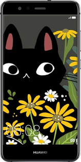 Силиконовый чехол Черный кот с цветами для Huawei P10 Lite - 6448u-896 изображение 