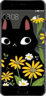 Силиконовый чехол Черный кот с цветами для Huawei P10 - 6448u-780 изображение 