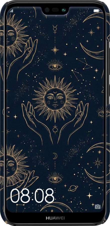 3D пластиковый матовый чехол Celestial Harmony: Sun & Moon Gold Mystic Pattern для Huawei P20 Lite - 6778m-1410 изображение 