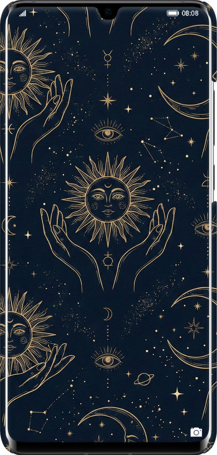 3D пластиковый матовый чехол Celestial Harmony: Sun & Moon Gold Mystic Pattern для Huawei P30 Pro - 6778m-1621 изображение 