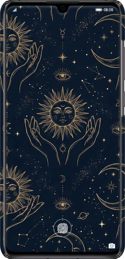 3D пластиковый матовый чехол Celestial Harmony: Sun & Moon Gold Mystic Pattern для Huawei P30 - 6778m-1622 изображение 