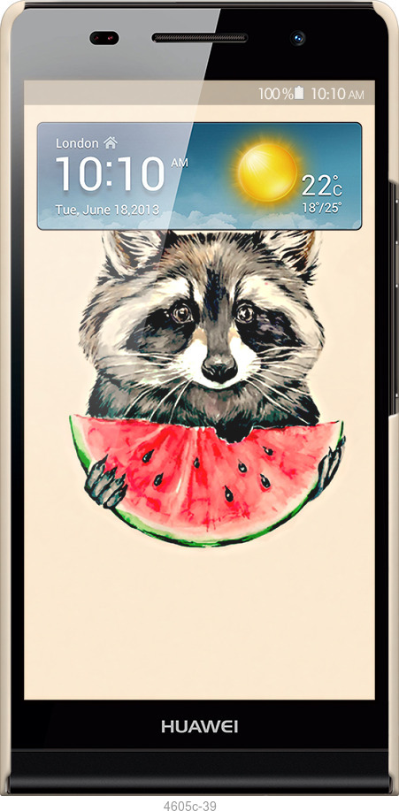 3D пластиковый матовый чехол Енотик с арбузом для Huawei Ascend P6 - 4605m-39 изображение 