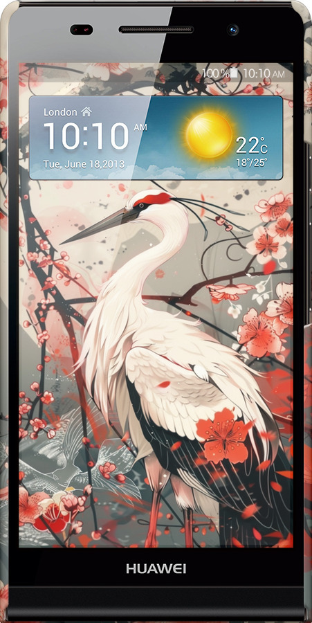 3D пластиковий глянцевий чехол Лелека у цвіту сакури для Huawei Ascend P6 - 6109c-39 изображение 